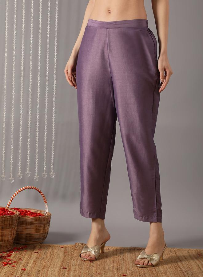 globus Women Purple Embroidered Kurta with Pant and Printed Dupatta Set - Image 4